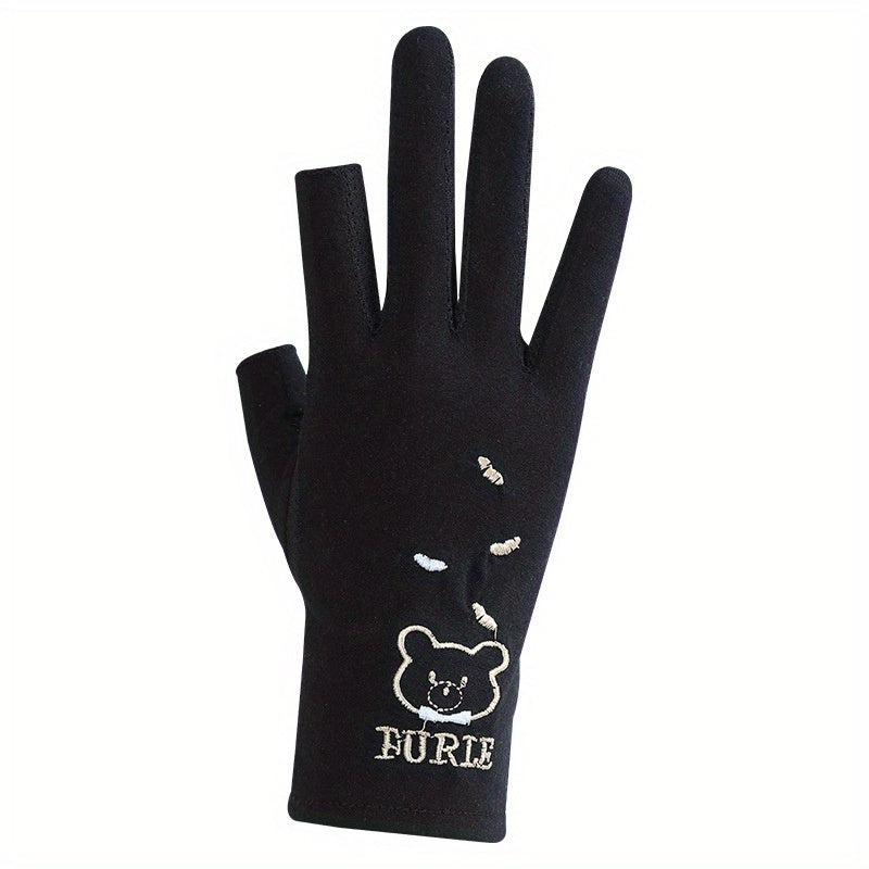 Bear Embroidery Fingerless Gloves for Women