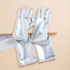 Bright PU Leather Long Gloves Golden Silvey Decorative Dress Gloves Accessories