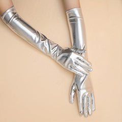Bright PU Leather Long Gloves Golden Silvey Decorative Dress Gloves Accessories