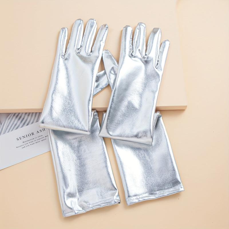 Bright PU Leather Long Gloves Golden Silvey Decorative Dress Gloves Accessories