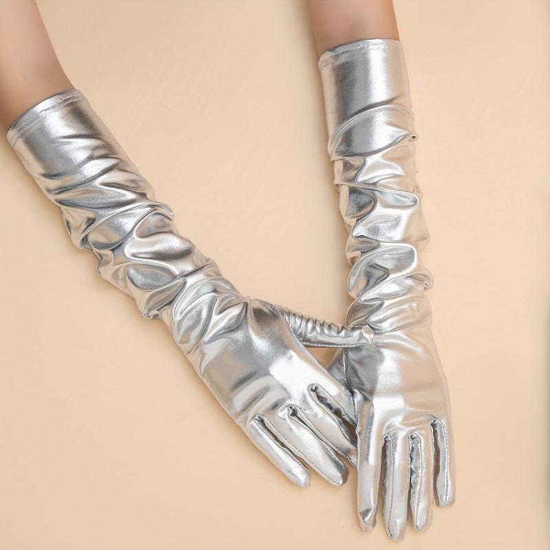 Bright PU Leather Long Gloves Golden Silvey Decorative Dress Gloves Accessories
