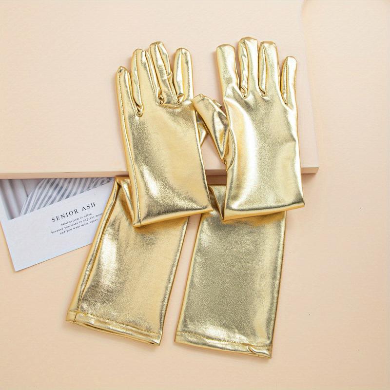 Bright PU Leather Long Gloves Golden Silvey Decorative Dress Gloves Accessories
