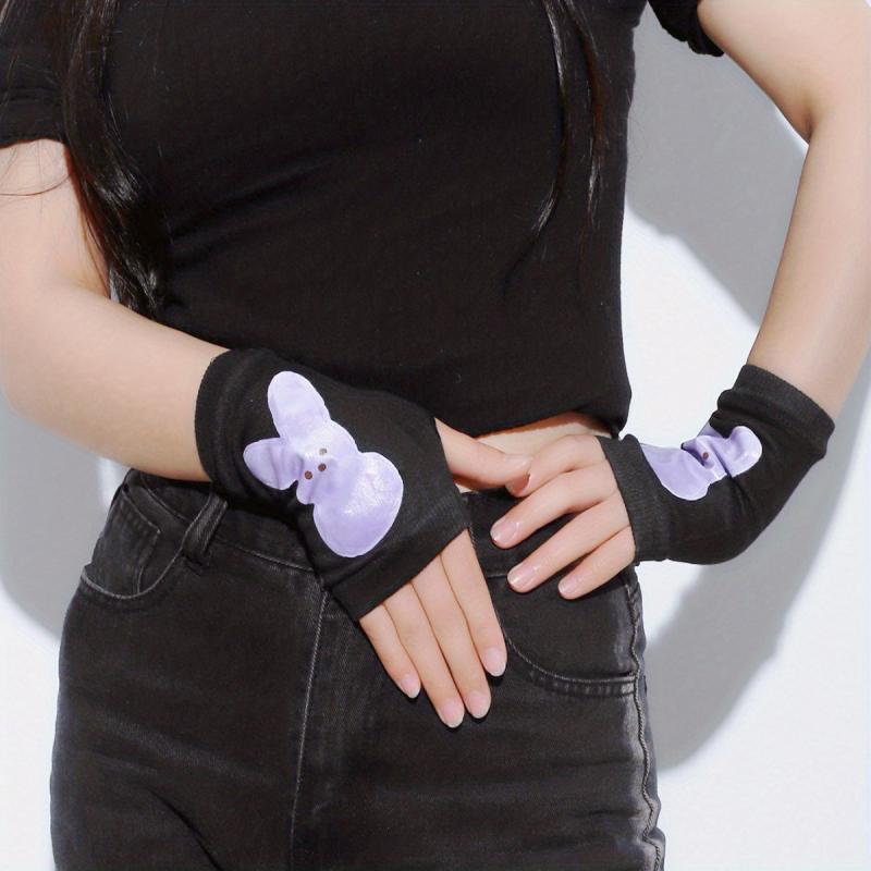 Purple Rabbit Print Y2K Gloves Elastic Fingerless Gloves Hip Hop Warm
