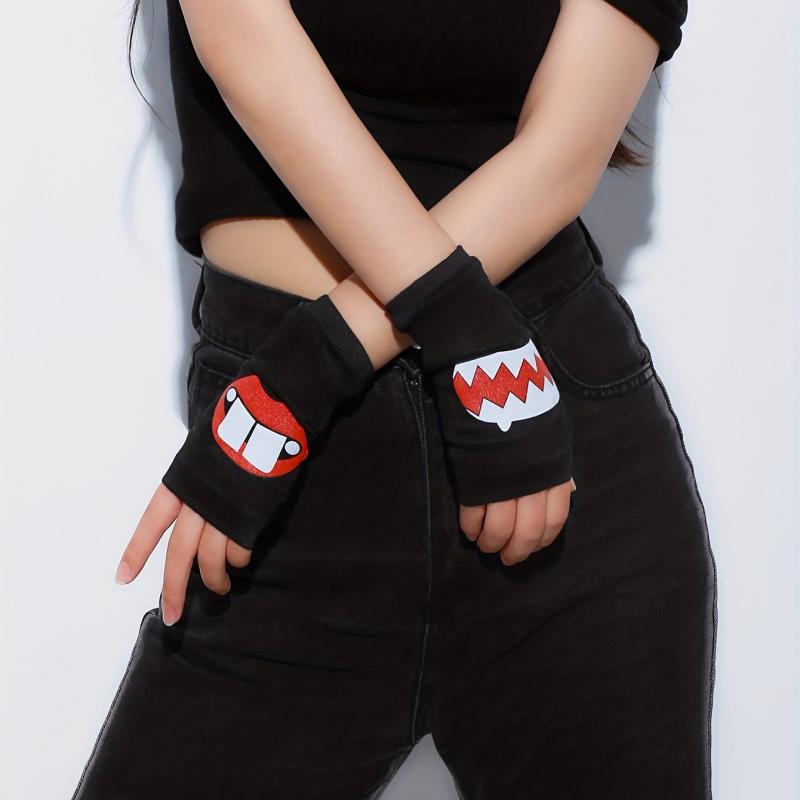 Red Lips Printed Y2K Gloves Elastic Fingerless Hip Hop Warm Knitted Gloves