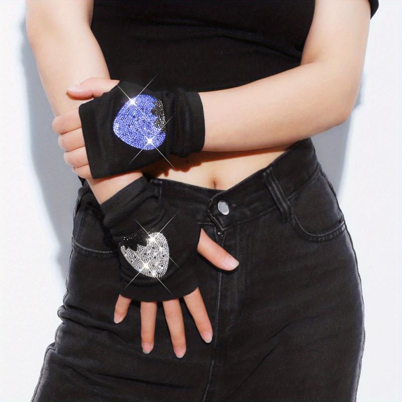Rhinestone Strawberry Y2K Gloves Hip Hop Fingerless Knitted Gloves