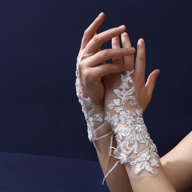 Transparent Lace Gloves Flower Embroidery Fingerless Gloves for Wedding