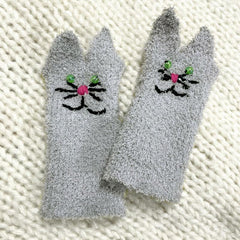 Hand Embroidered Cat Gloves Winter Ladies Half Finger Gloves