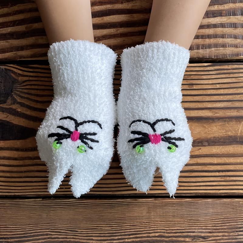 Hand Embroidered Cat Gloves Winter Ladies Half Finger Gloves