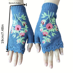 Knit Fingerless Gloves Embroidered Flower Warm Gloves for Winter