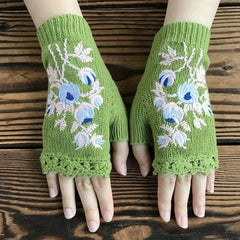 Knit Fingerless Gloves Embroidered Flower Warm Gloves for Winter