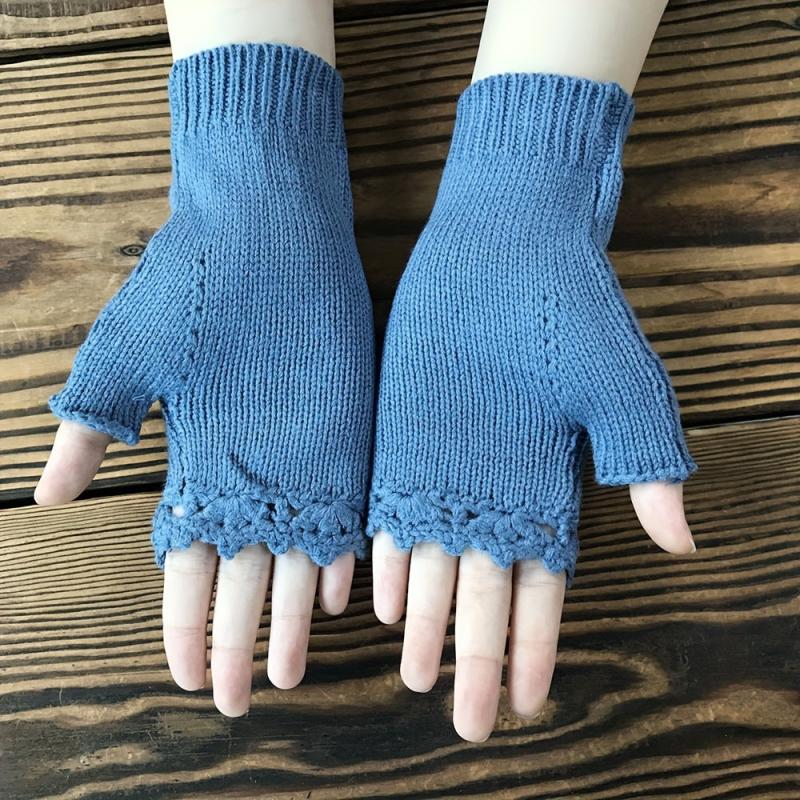 Knit Fingerless Gloves Embroidered Flower Warm Gloves for Winter