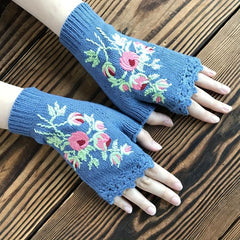 Knit Fingerless Gloves Embroidered Flower Warm Gloves for Winter