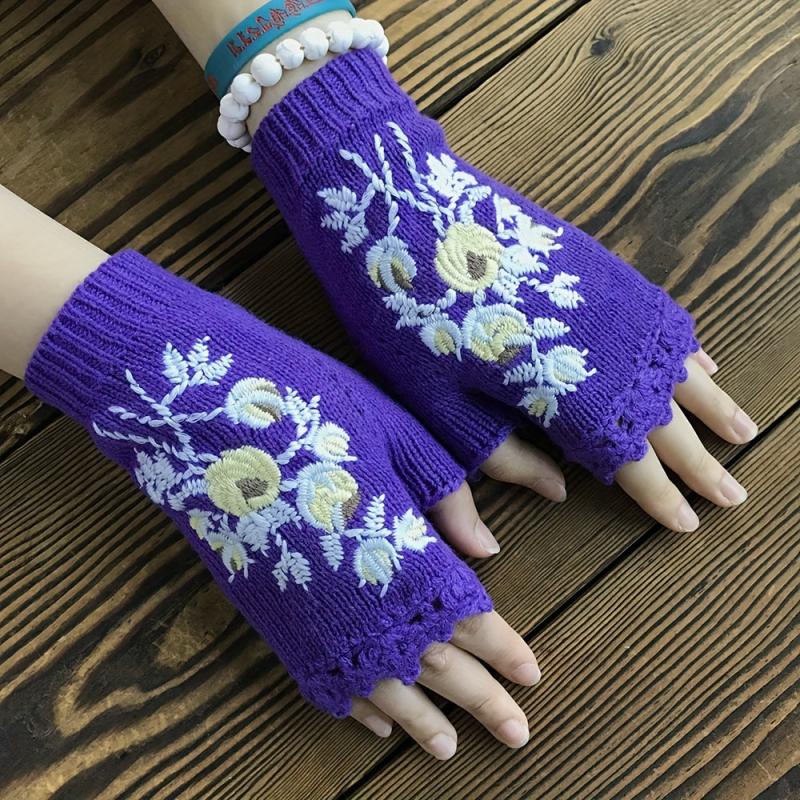 Knit Fingerless Gloves Embroidered Flower Warm Gloves for Winter