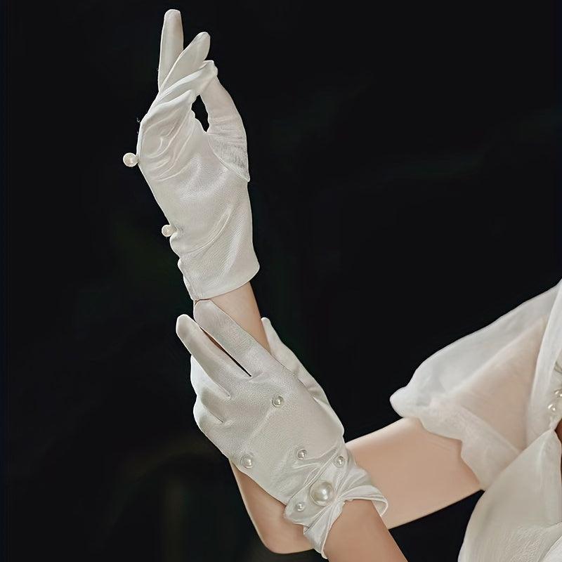 Short Satin Gloves Pearl Decorative Gloves Wedding Bridal