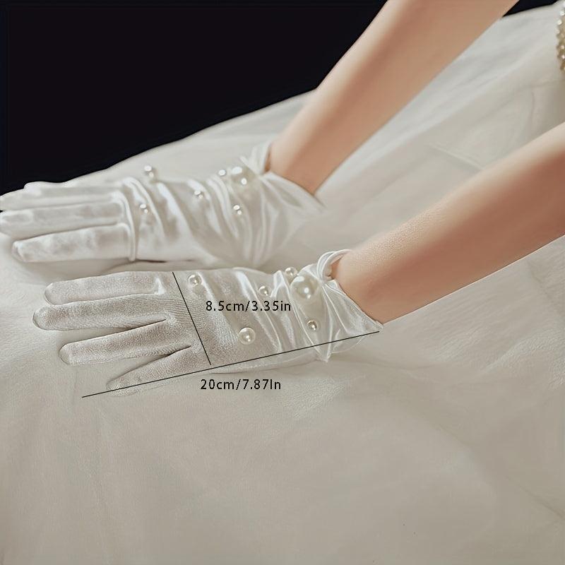Short Satin Gloves Pearl Decorative Gloves Wedding Bridal