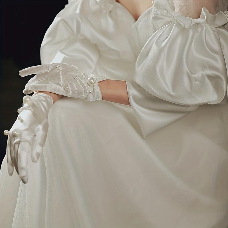 Short Satin Gloves Pearl Decorative Gloves Wedding Bridal