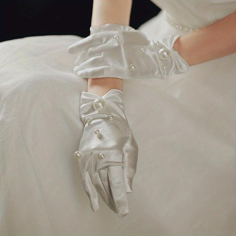 Short Satin Gloves Pearl Decorative Gloves Wedding Bridal