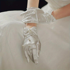 Short Satin Gloves Pearl Decorative Gloves Wedding Bridal