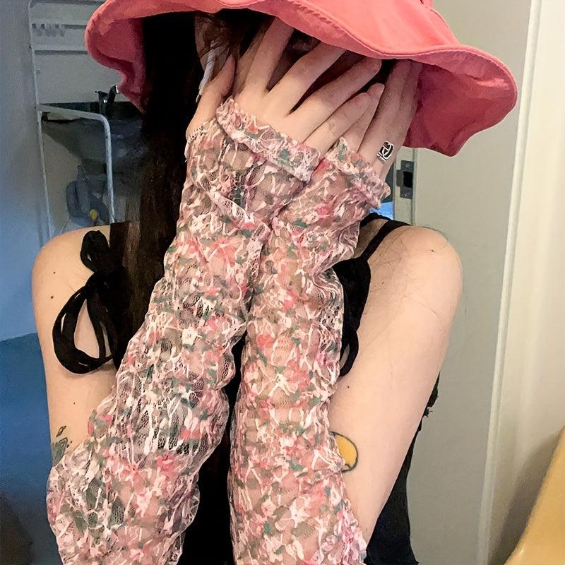 Floral Gloves Embroidery Sunscreen Long Sleeves for Sports