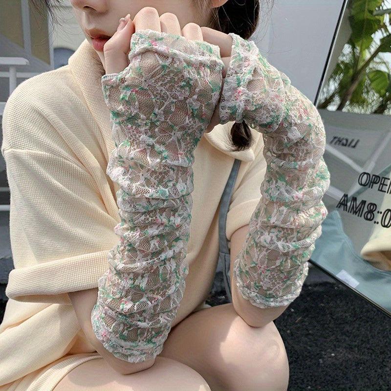 Floral Gloves Embroidery Sunscreen Long Sleeves for Sports