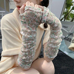 Floral Gloves Embroidery Sunscreen Long Sleeves for Sports