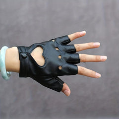 Heart Hollow Punk Gloves PU Leather Solid Hip Hop Fingerless Gloves