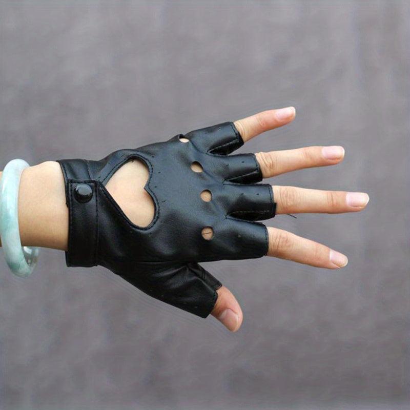 Heart Hollow Punk Gloves PU Leather Solid Hip Hop Fingerless Gloves