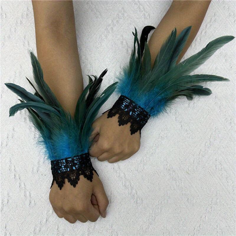 Punk Gloves Feather Wrist Cuff Gothic Carnival Arm Sleeve Halloween Cosplay