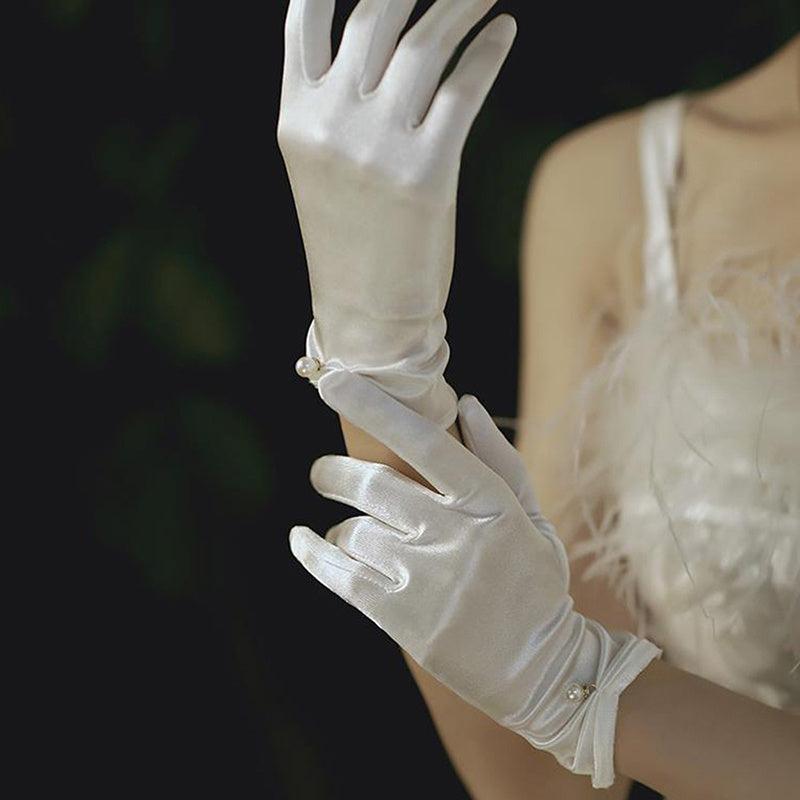 Faux Pearl Decor Gloves Satin Short Gloves Wedding Prom