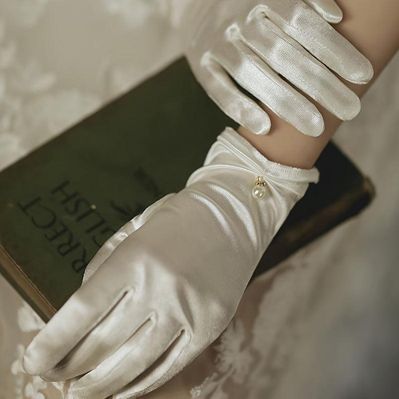 Faux Pearl Decor Gloves Satin Short Gloves Wedding Prom