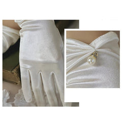 Faux Pearl Decor Gloves Satin Short Gloves Wedding Prom