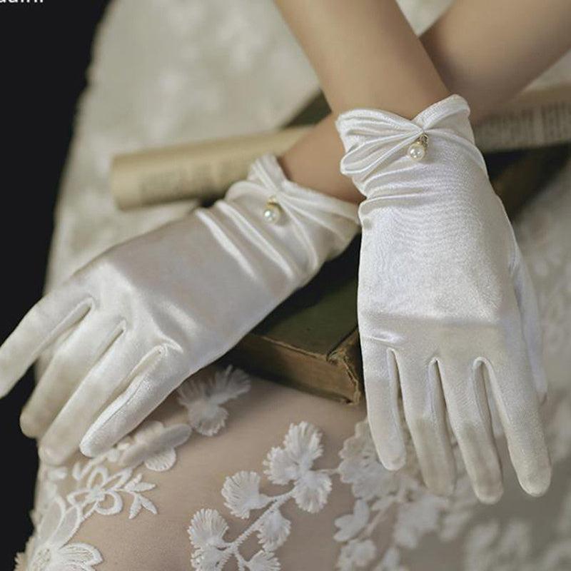 Faux Pearl Decor Gloves Satin Short Gloves Wedding Prom