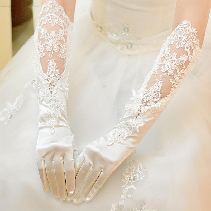 Satin Lace Gloves Faux Pearl Decor Embroidery Long Gloves For Women Wedding