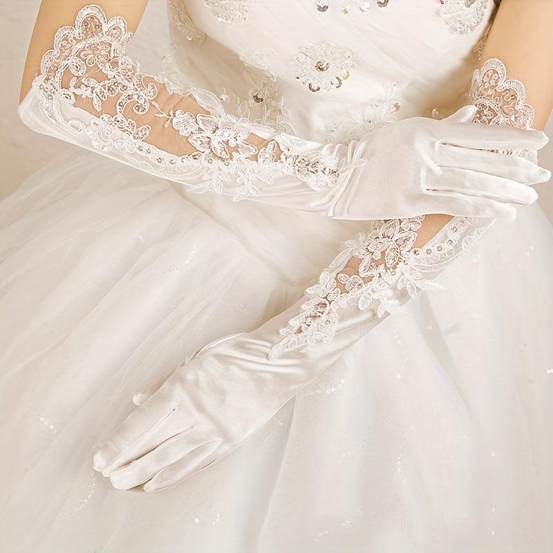 Satin Lace Gloves Faux Pearl Decor Embroidery Long Gloves For Women Wedding