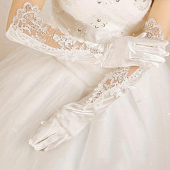 Satin Lace Gloves Faux Pearl Decor Embroidery Long Gloves For Women Wedding