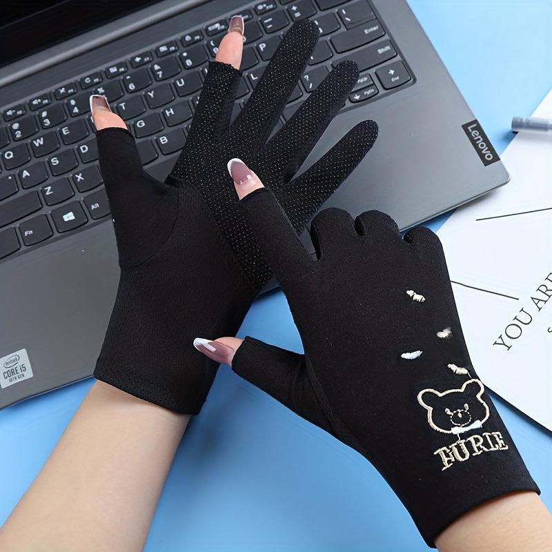 Bear Embroidery Half Finger Gloves for Women