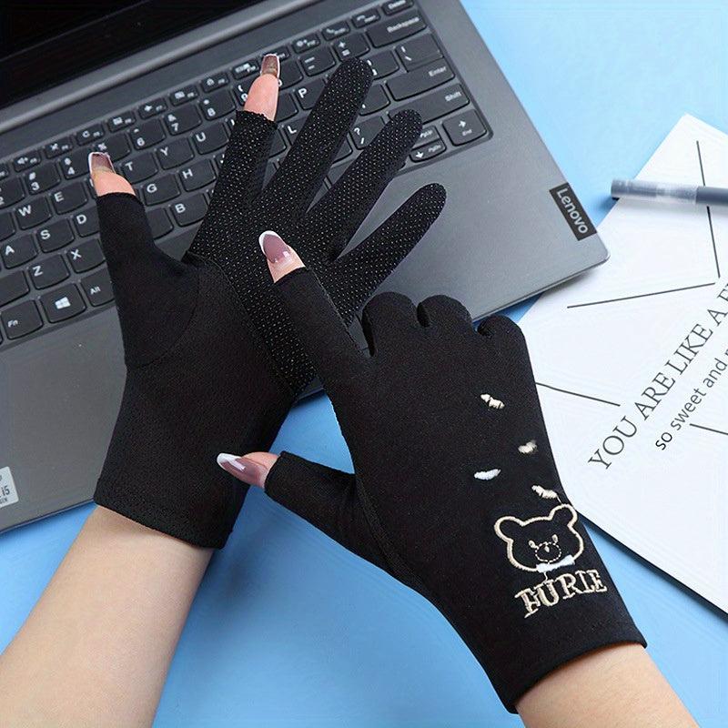 Bear Embroidery Half Finger Gloves for Women