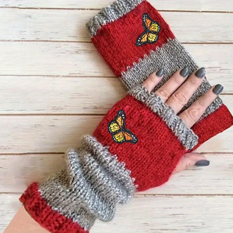 Butterfly Embroidery Knitted Gloves Fingerless Mittens for Women