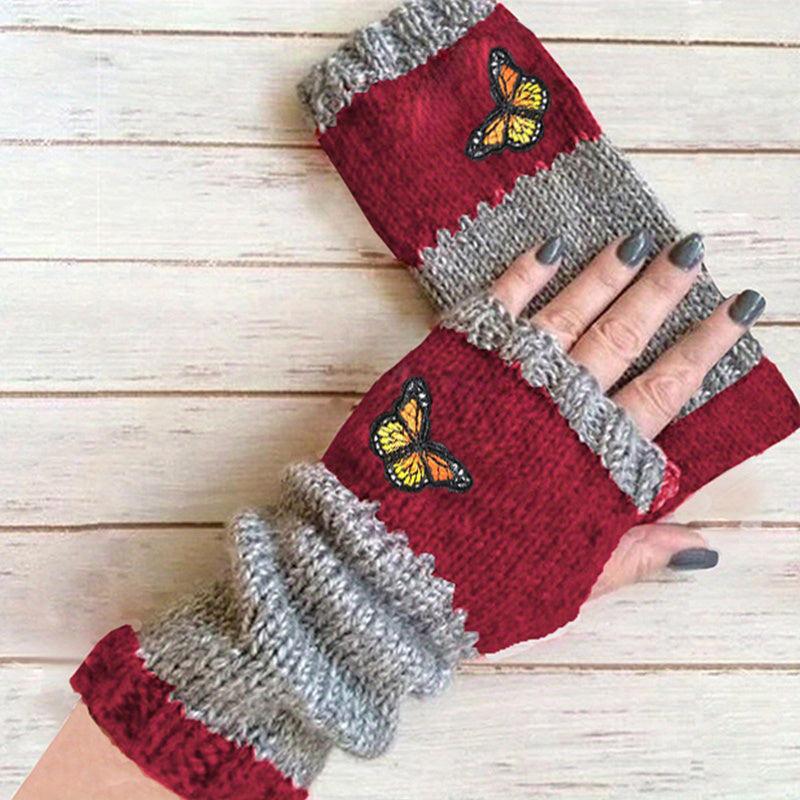 Butterfly Embroidery Knitted Gloves Fingerless Mittens for Women