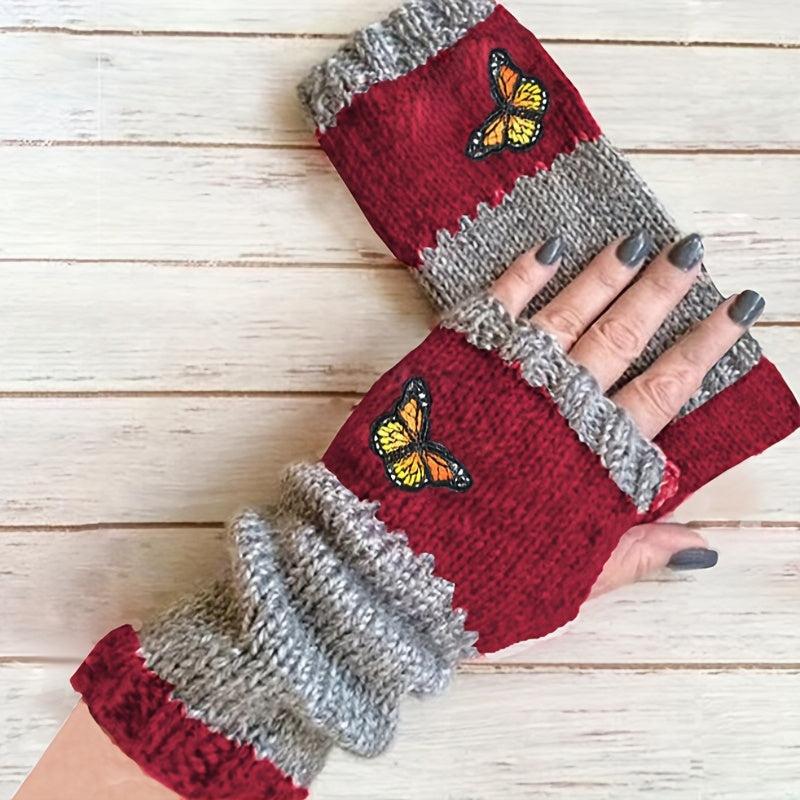 Butterfly Embroidery Knitted Gloves Fingerless Mittens for Women
