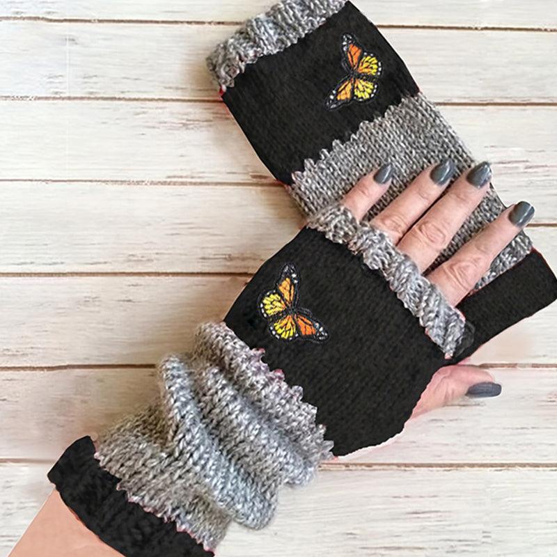 Butterfly Embroidery Knitted Gloves Fingerless Mittens for Women