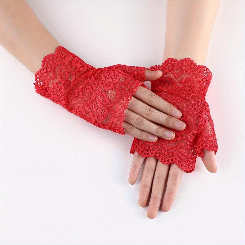 Lace Fingerless Gloves Women Half Finger Cycling Sunscreen Solid Gloves