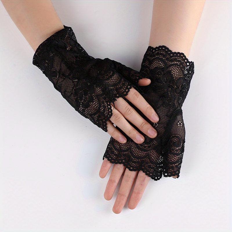 Lace Fingerless Gloves Women Half Finger Cycling Sunscreen Solid Gloves