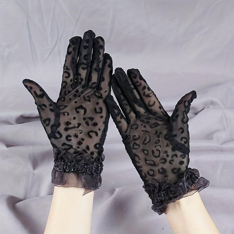 Leopard Print Lace Gloves Vintage Short Mesh Breathable Gloves