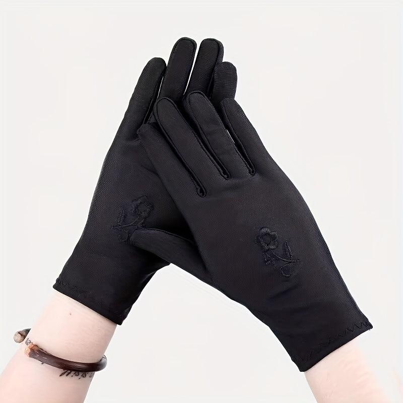 Flower Embroidery Sunscreen Gloves for Women
