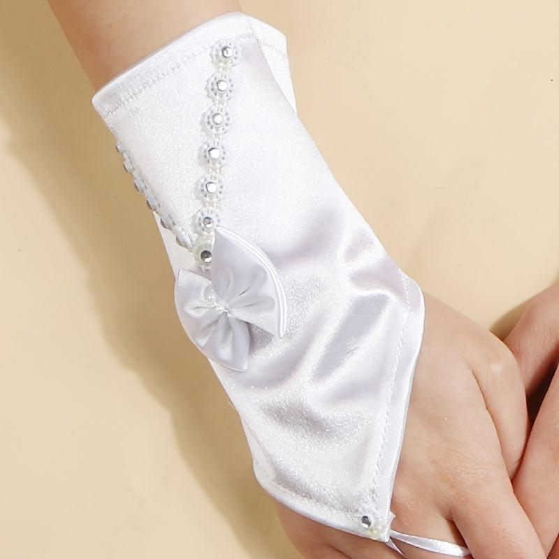 Satin Short Gloves with Bow and Rhinestone - Party Bride Wedding Prom Glov