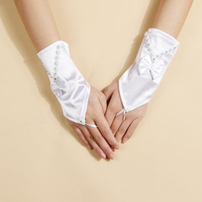 Satin Short Gloves with Bow and Rhinestone - Party Bride Wedding Prom Glov