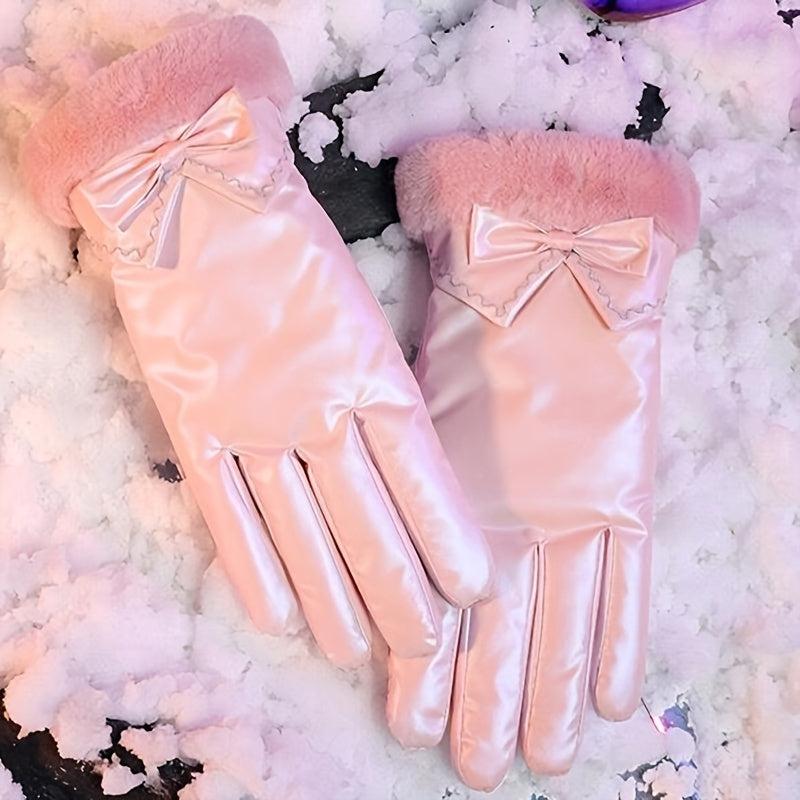 Women's Bowknot Winter Gloves Waterproof Warm Touch Screen Ski Motorcycle Gloves