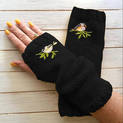 Bird Embroidered Knitted Gloves Long Warm Fingerless Gloves