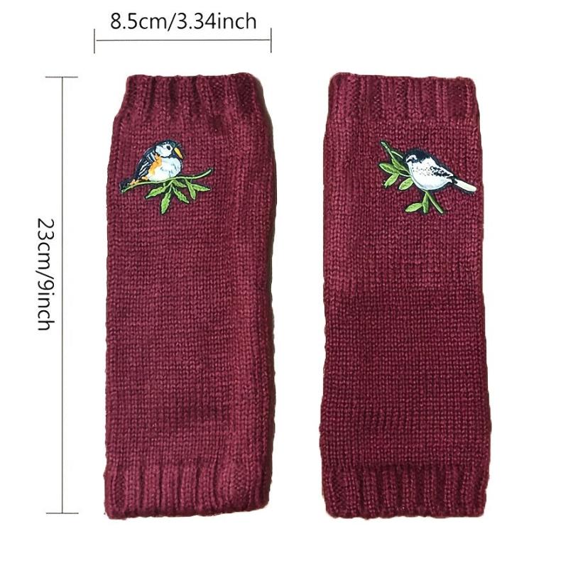 Bird Embroidered Knitted Gloves Long Warm Fingerless Gloves